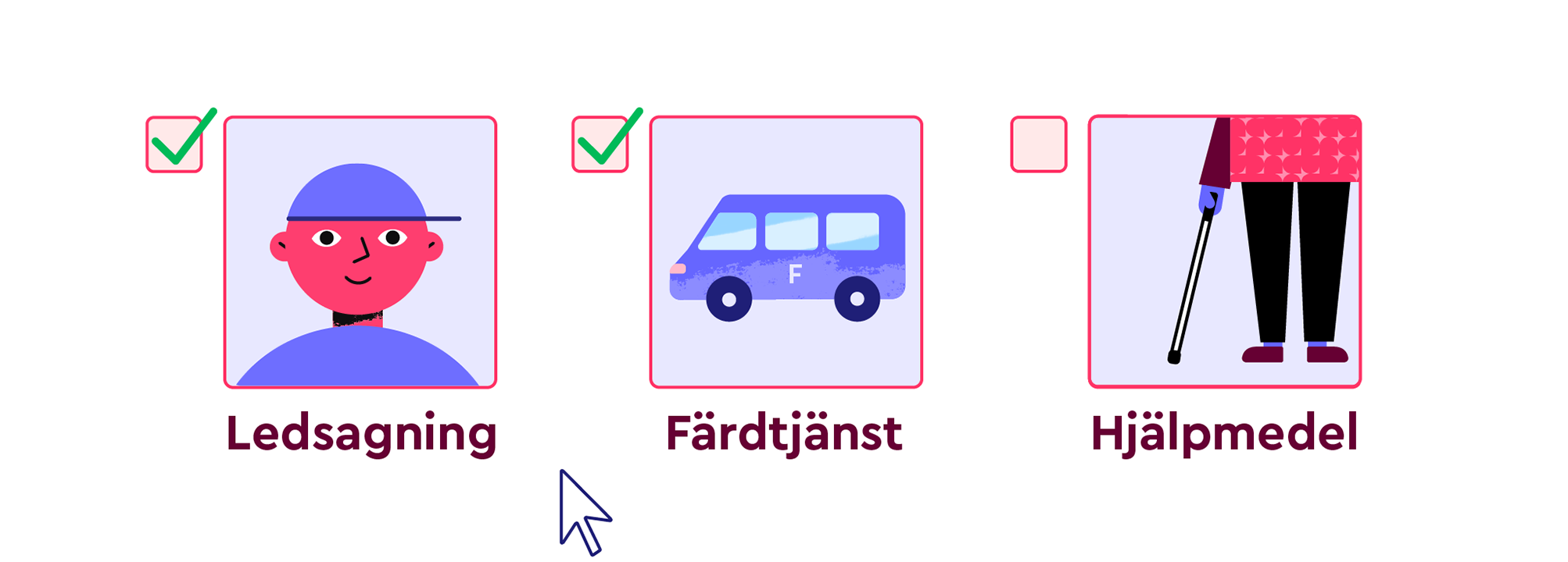 Tre bilder med kryssruta för val av olika stöd. Bild 1 ledsagning, bild 2 färdtjänst, bild 3 vit käpp. Ledsagning och färdtjänst är ibockade.